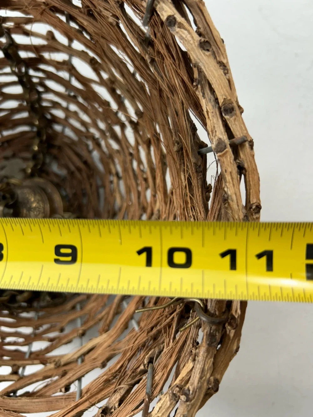 Vintage Hanging Basket Handwoven Natural Twig Brass Hanger Boho 11 Inch